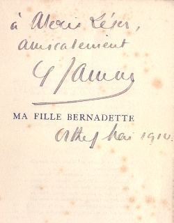 Dédicace pour Ma Fille Bernadette. / Source : Fondation Saint-John Perse Dédicace pour Ma Fille Bernadette. / Source : Fondation Saint-John Perse